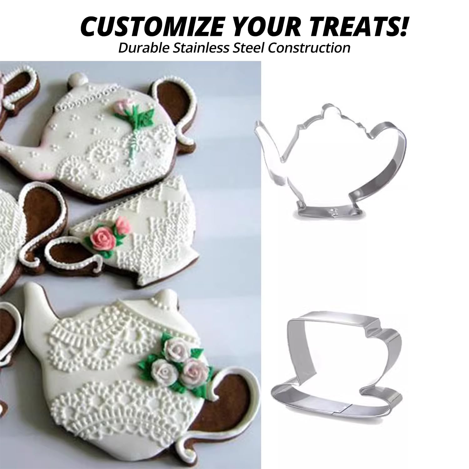 Yafiygi 2Pack Tea Cup Cookie Cutter Stainless Steel Tea Pot And Tea Cup Biscuit Cookie Cutter Ideal For Tea Parties Weddings And