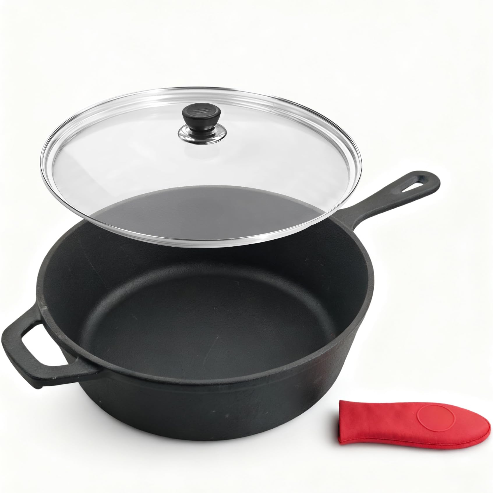 MXWLEIEL Cast Iron Skillet  10.25 Inch Frying Pan with Teardrop Handle,Round Tempered Glass Lid,Silicone Handle Holder for Oven