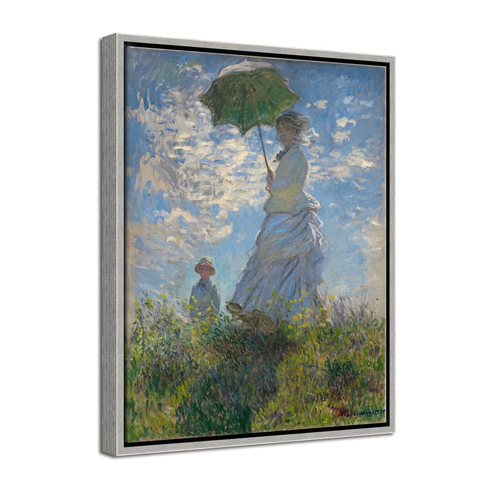 Wieco Art Framed Wall Art Woman With A Parasol Madame Monet And Her Son Of Claude Monet Famous Classic Oil Paintings Canvas Prin