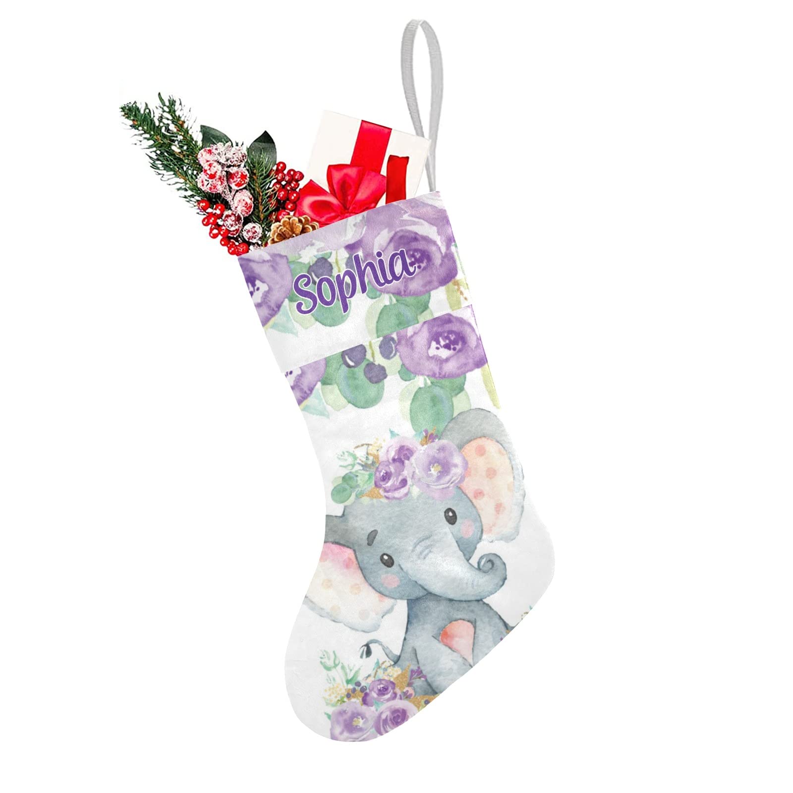 Personalized Purple Floral Elephant Custom Family Xmas Stockings with Name for Home Christmas Party Ornaments Decoration17.52 x