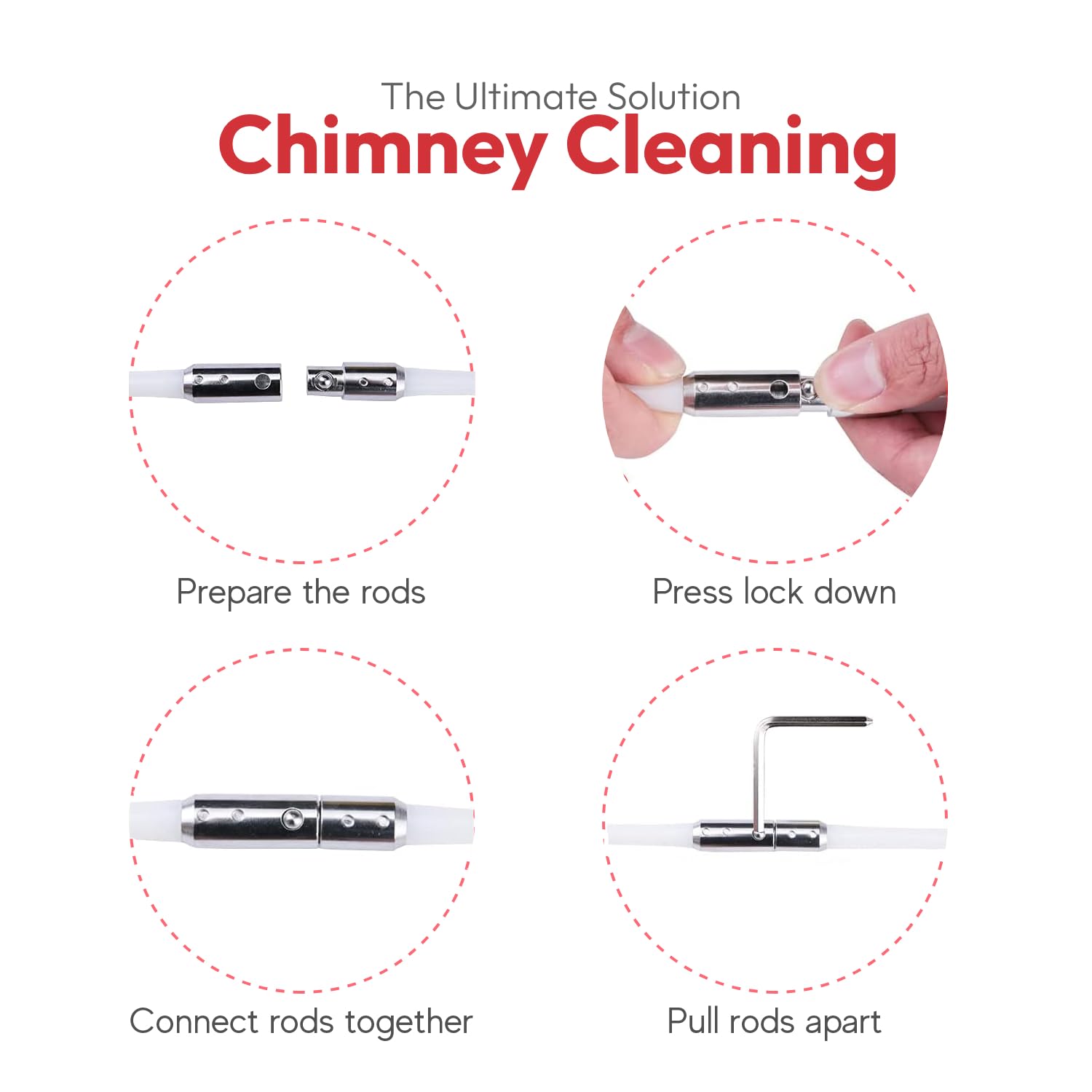 Morinoli 33 Feet Chimney Sweep Kit  Chrome Button Locking System  Chimney Cleaning Kit  Chimney Brush  Chimney Cleaning Tool  Chimney Cleaning System with 10 Flexible Chimney Rods