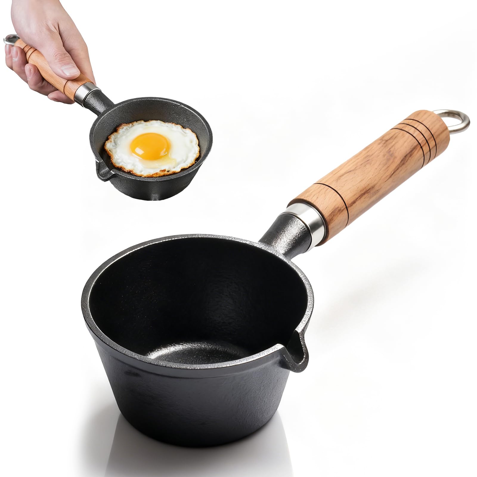 Cast Iron Saucepan, Set of 2, 5.1 Inches, Small Cast Iron Pans with Wooden Handles and Pouring Spouts, Suitable for Baking, Barb