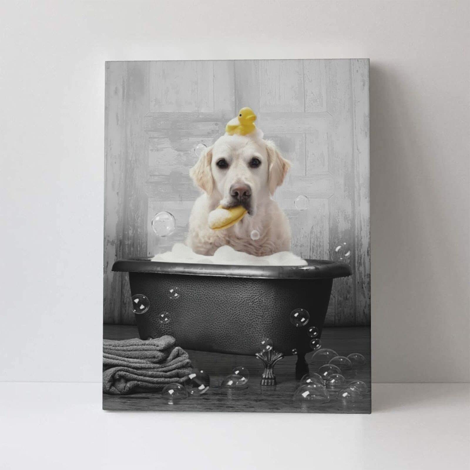 Dog In Bathtub Canvas Wall Art Black And White Animals Bathroom Decor Print Painting Funny Bathtub Labrador Pictures Modern Home