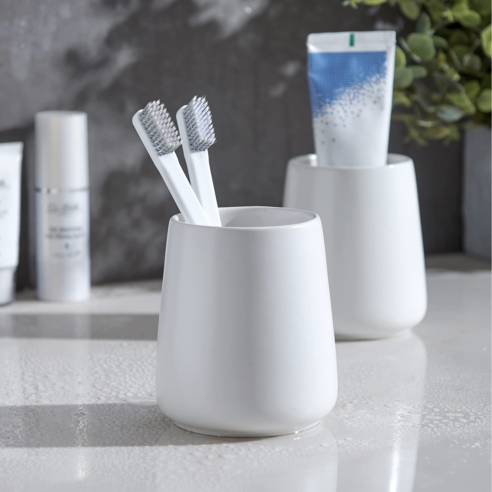 White Toothbrush Holder For Bathroom - 2Pcs Ceramic Tooth Brushing Holders Set, Toothbrush Cup & Toothpaste Organizer For Bathro