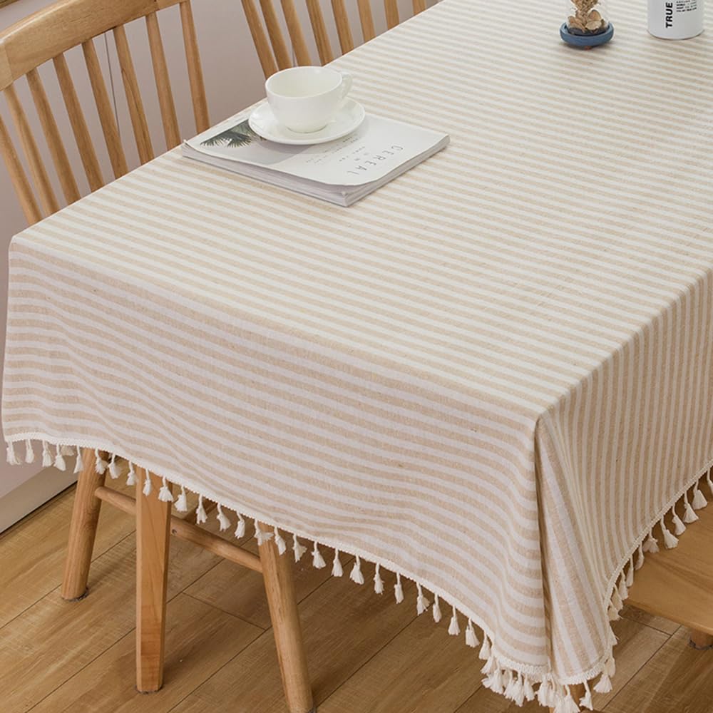 Trudelve Cotton Blend Tablecloth Beige Striped Tablecloth With Tassels Boho Tablecloths For Rectangle Tables (Beige,86''X55'',Re
