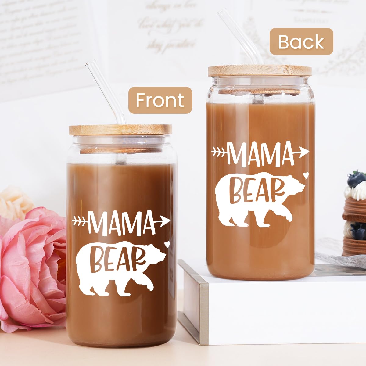 Gifts for Mom from Daughter Son - Mom 16 Oz Can Glass Coffee Cup with Bamboo Lid & Straw - Mothers Gift for Women on Birthday Mo