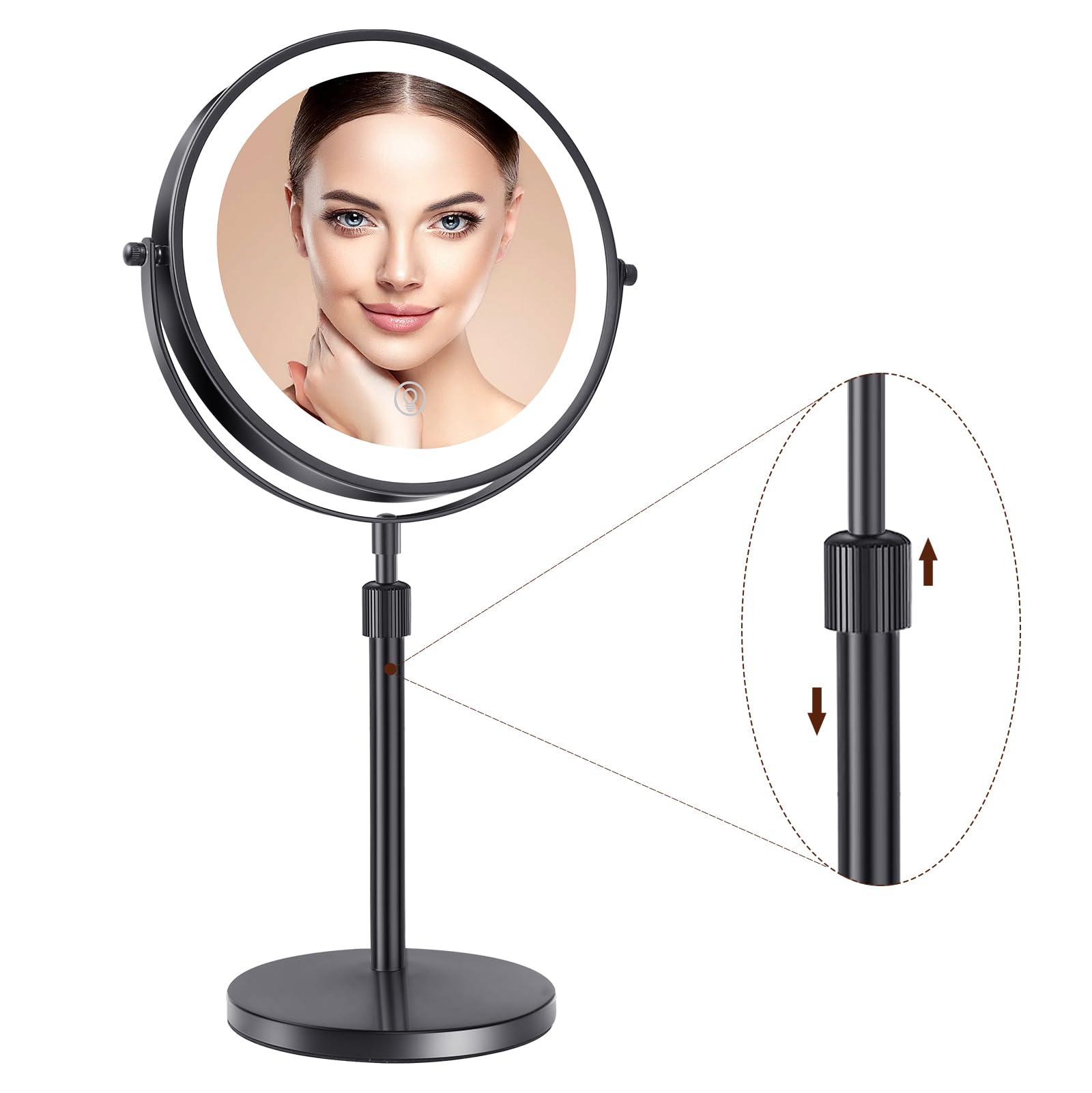 Rndecuck 8'' Lighted Makeup Mirror With Magnification 10X And 3 Color Light 2500Mah Rechargeable Height Adjustable 360 Rotation