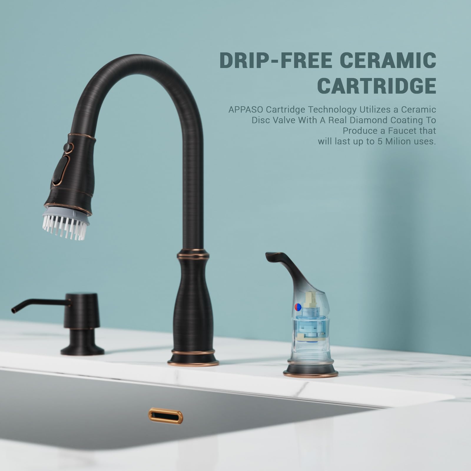 Appaso 3 Hole Kitchen Faucet, Bronze Kitchen Sink Faucet With Pull Down Sprayer 3 Modes, Oil Rubbed Bronze Kitchen Faucet With S