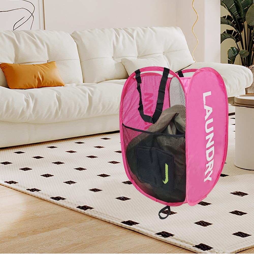 Aplter Pop Up Laundry Hamper Collapsible Laundry Basket Mesh Foldable Pink Dirty Clothes Hamper With Handles For Home, Bathroom,