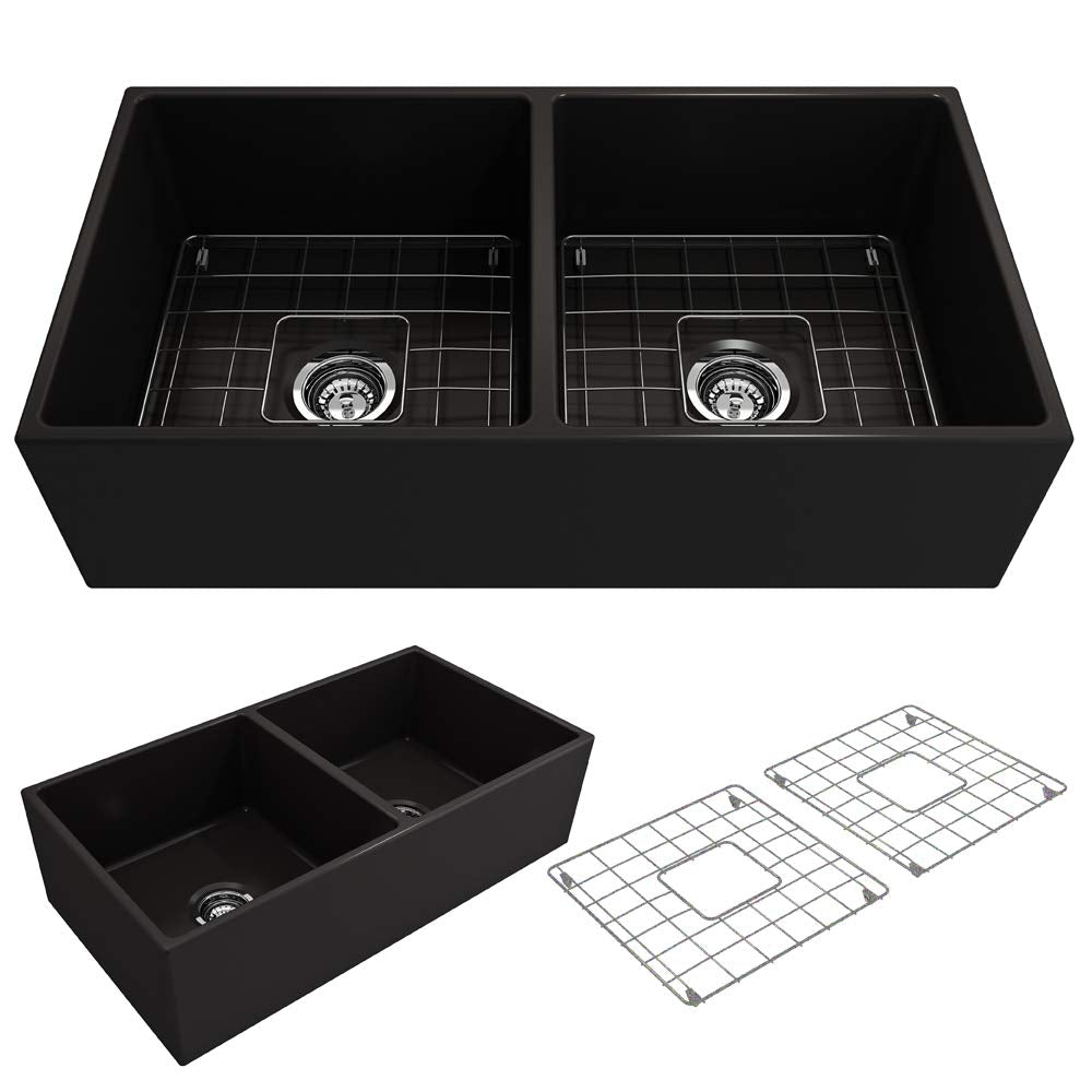 BOCCHI Contempo Farmhouse Apron Front Fireclay 36 in. Double Bowl Kitchen Sink with Protective Bottom Grid and Strainer in Black