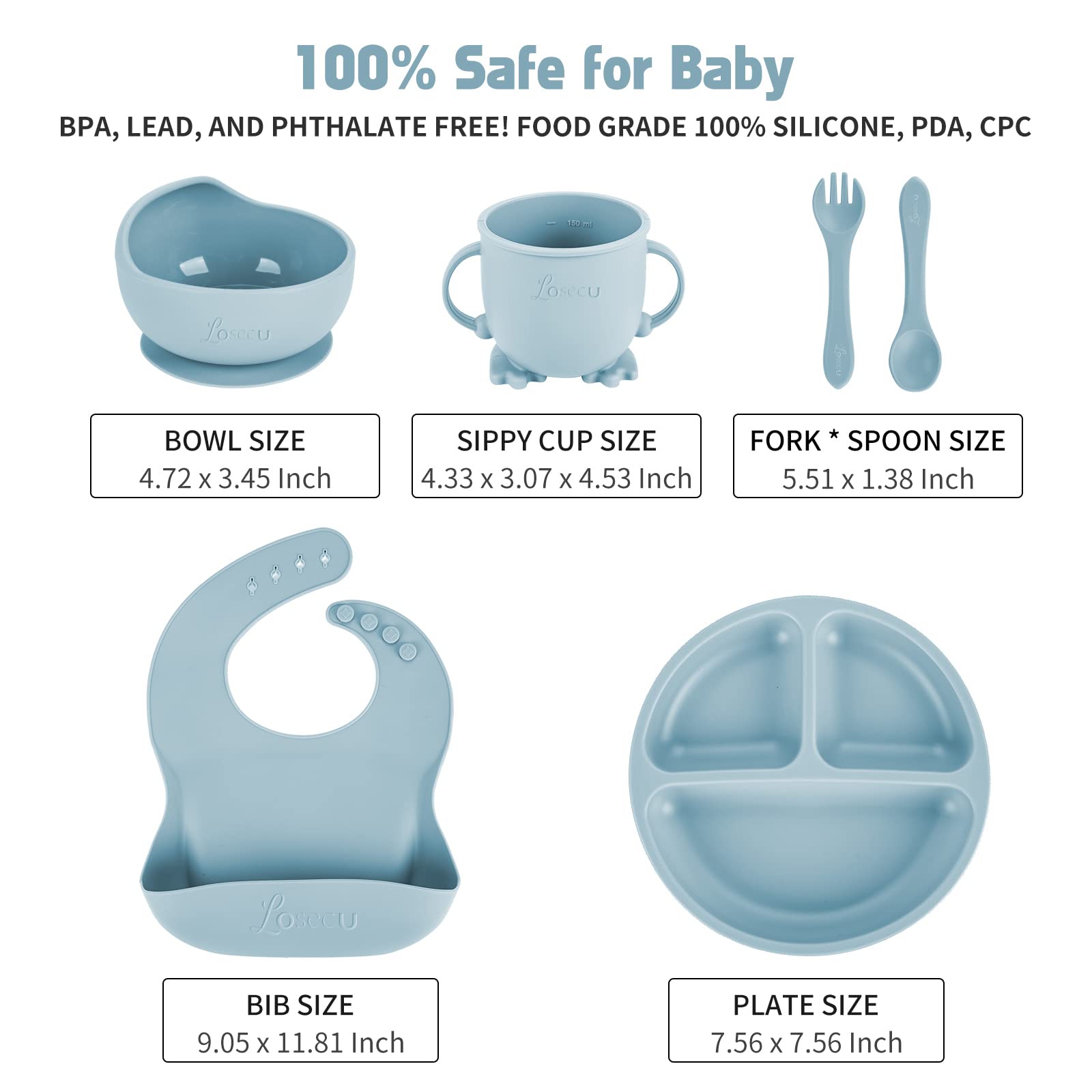 Losecu Silicone Baby Feeding Set|Baby Led Weaning Supplies Set|Suction Baby Plate Bowl Set with Bib Spoon Fork Sippy Cup|Baby Fe