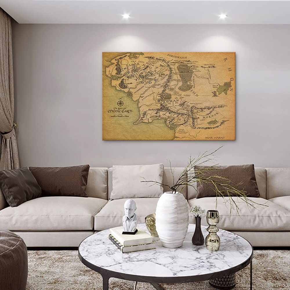 Large World Map Canvas Wall Art, The Rings Map Canvas Prints, Middle Earth Map Painting Picture For Living Room Wall Decor, Vint