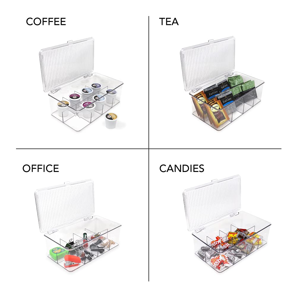 Isaac Jacobs Divided Clear Plastic Organizer (10.75    X 6.5    X 3.7   ) W/Hinged Lid, Stackable Storage Box For Tea Bags, Craf