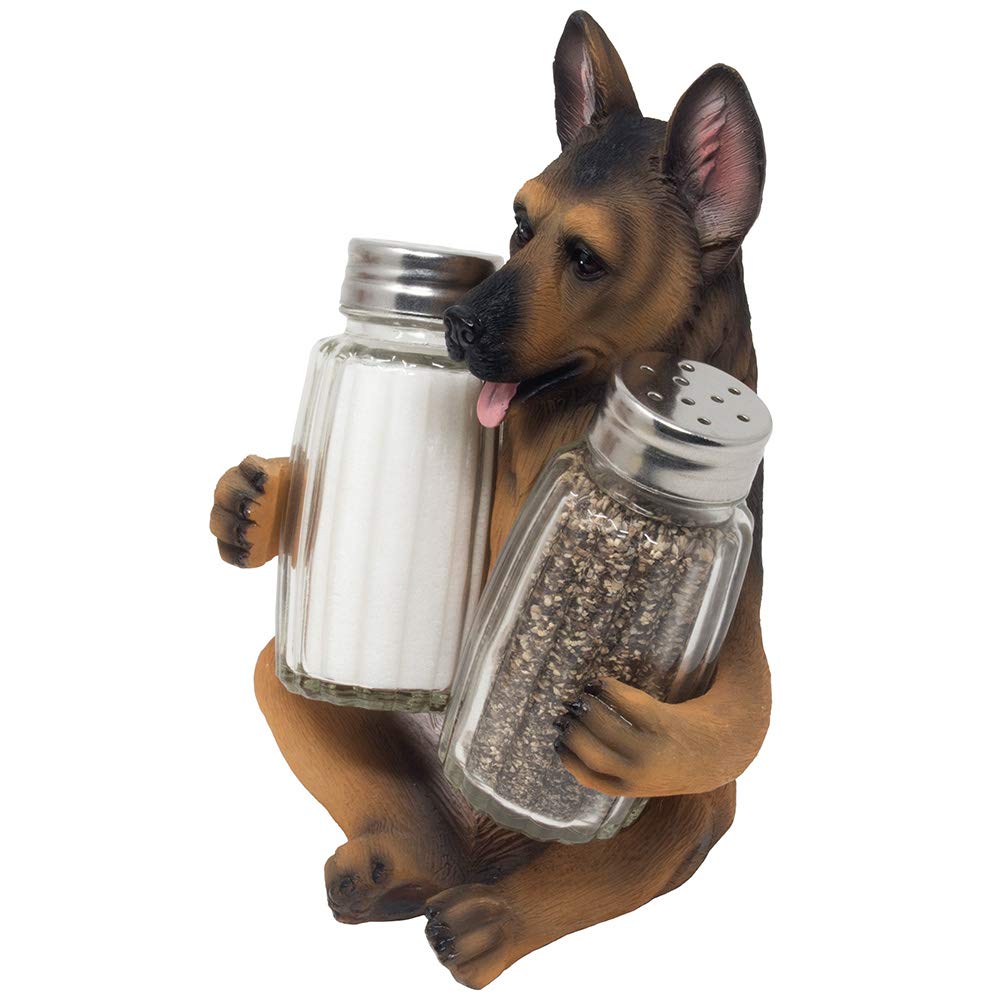 German Shepherd Police Dog Salt And Pepper Shaker Set With Decorative Display Stand Holder Canine Figurine For Kitchen Decor Tab
