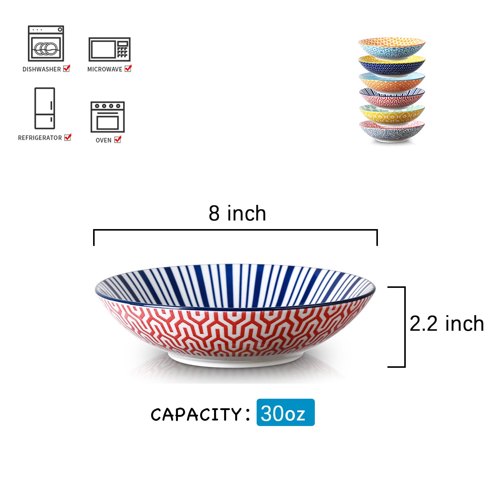 Selamica Ceramic 30Oz Large Pasta Salad Bowls 8 Inch Wide And Shallow Soup Bowls, Stackable, Microwave And Oven Safe, Set Of 6,