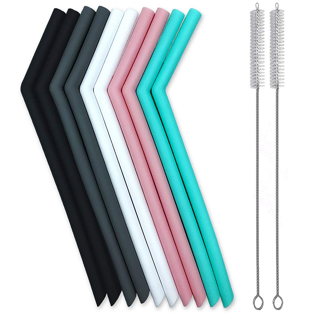 Set Of 10 Large Reusable Silicone Straws Pink Thick Smoothie Silicone Drinking Straws Kids With Cleaning Brushes- Extra Long Fle