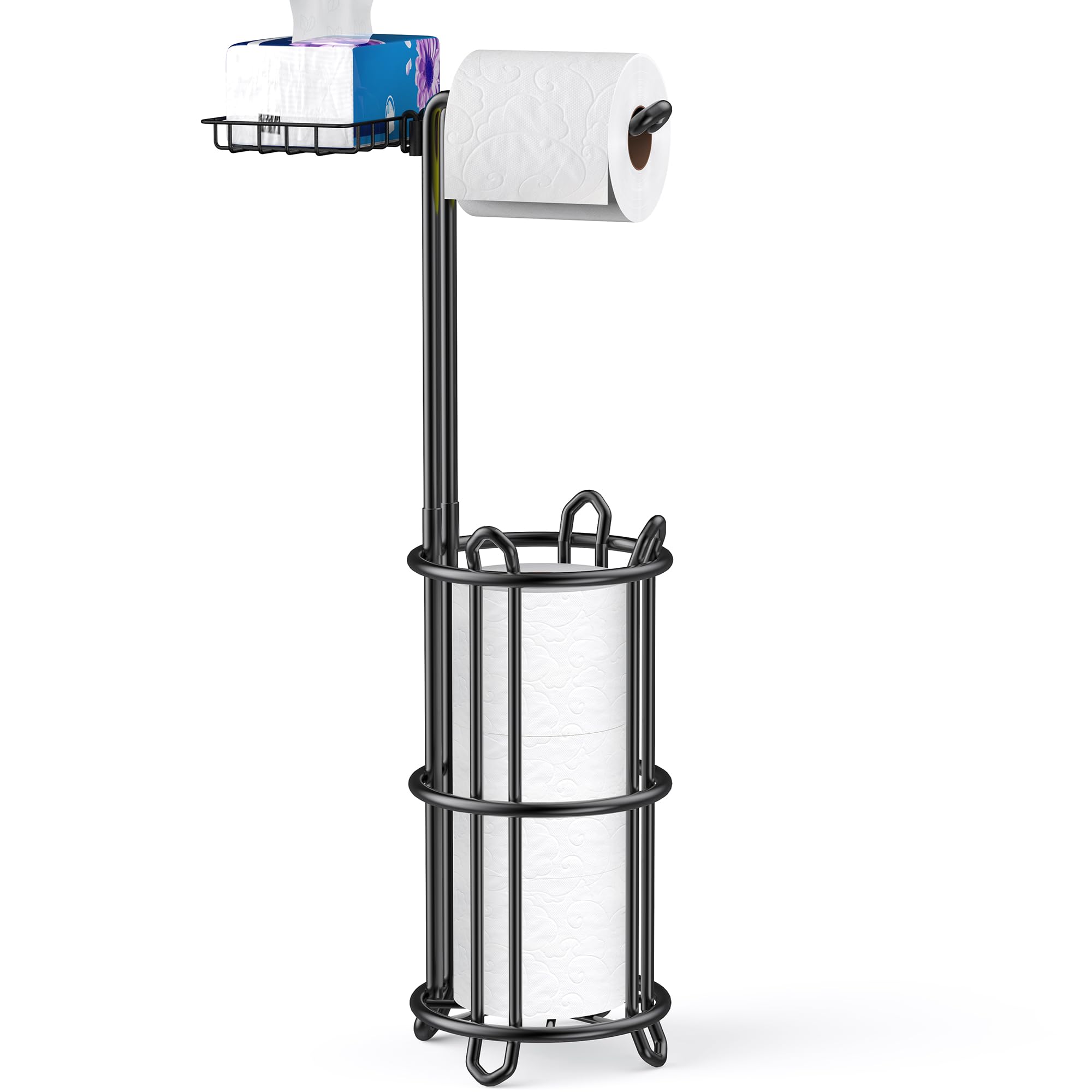 Meangood Toilet Paper Holder Stand With Shelf, Dispenser For 4 Mega Rolls, Bathroom Free Standing Tissue Roll Storage Holder Rac
