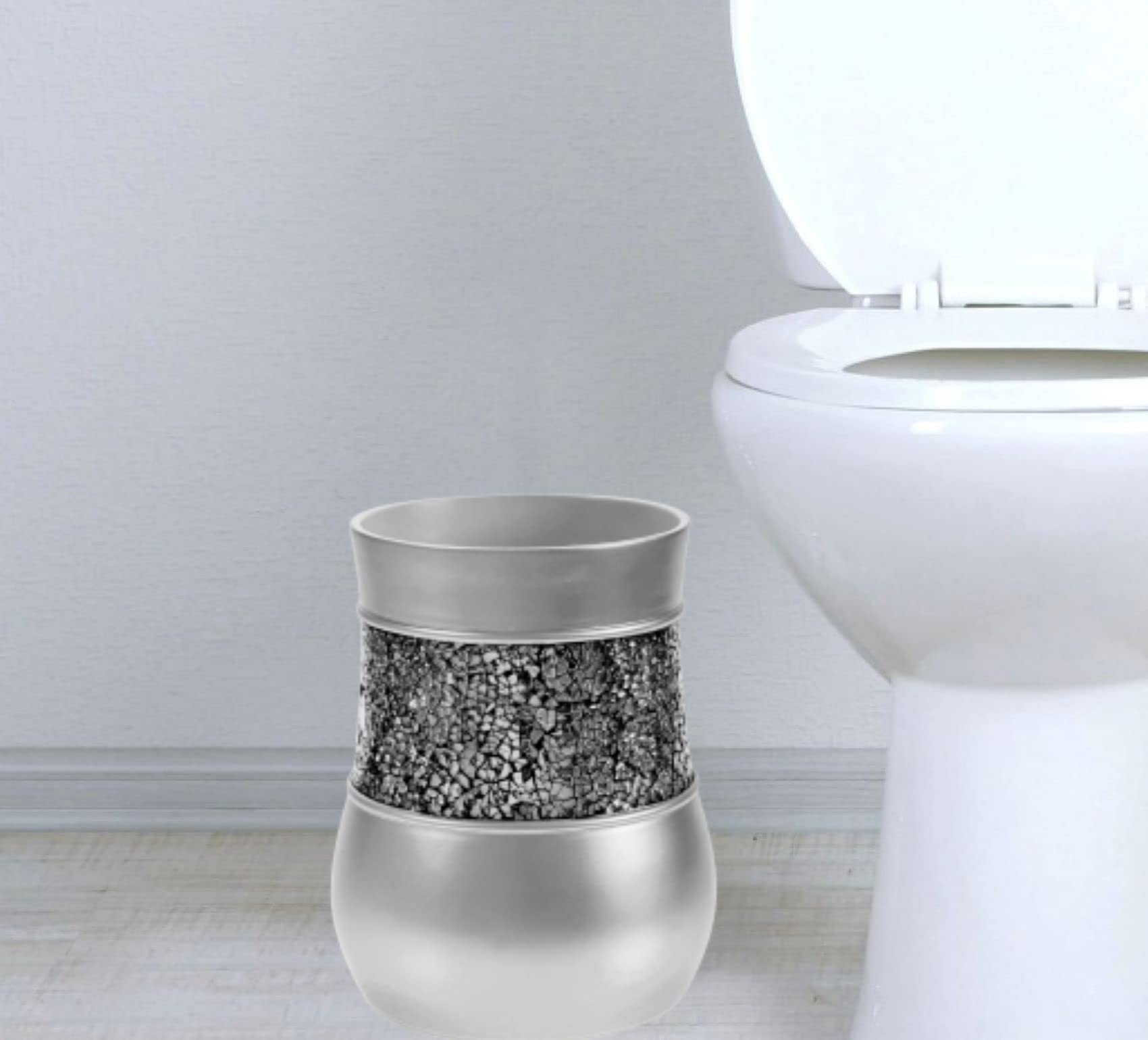 Crackled Glass Silver Small Bathroom Trash Can - Decorative Waste Basket For Bathroom, Powder Room Or Bedroom - Durable Mini Bat