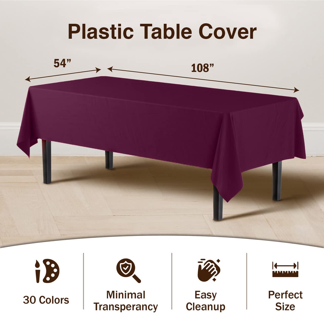 Exquisite 6-Pack Premium Plastic Tablecloth 54In. X 108In. Rectangle Plastic Table Cover - Plum