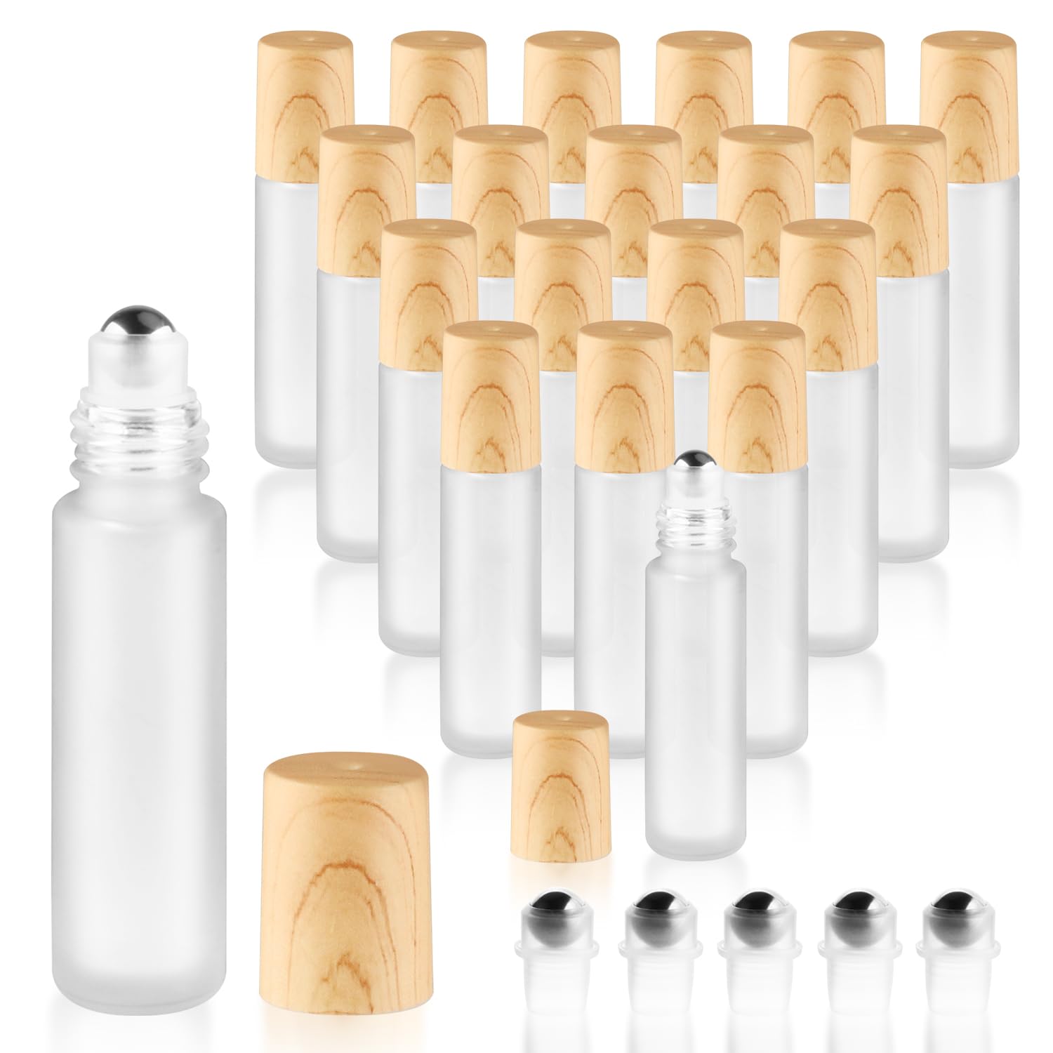 Cositina 20 Pcs 10ml/0.34oz Frosted Glass Roller Bottles Refillable Perfume Bottles with Stainless Steel Roller Balls & Wood Gra