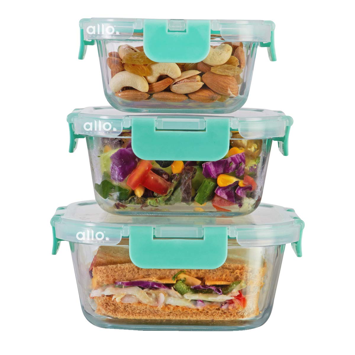 Allo Foodsafe, Set Of 3, 310Ml, 520Ml & 800Ml, Glass Borosilicate, Leak Proof, Food Storage Container With Break Free Detachable