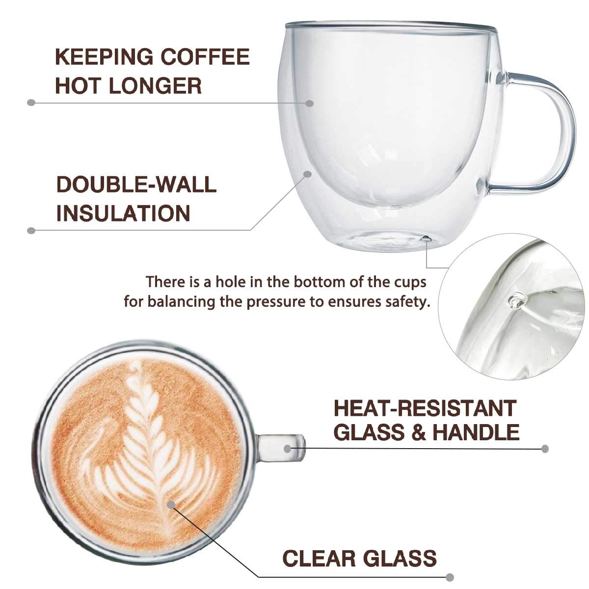 Kitchenexus Glass Espresso Cups, Set Of 2 6Oz Double Wall Thermo Insulated Glass Espresso Shot Cups Set With Handle, Espresso Mu