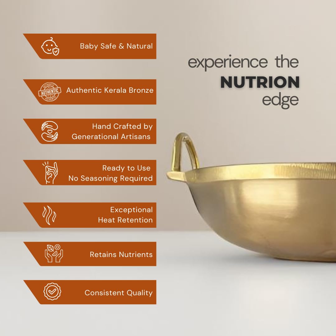 NUTRION Pure Bronze Kadai 4.5 Litre Traditional Indian Cooking Pot with Health-Boosting Properties/Free of Toxins-30 cm