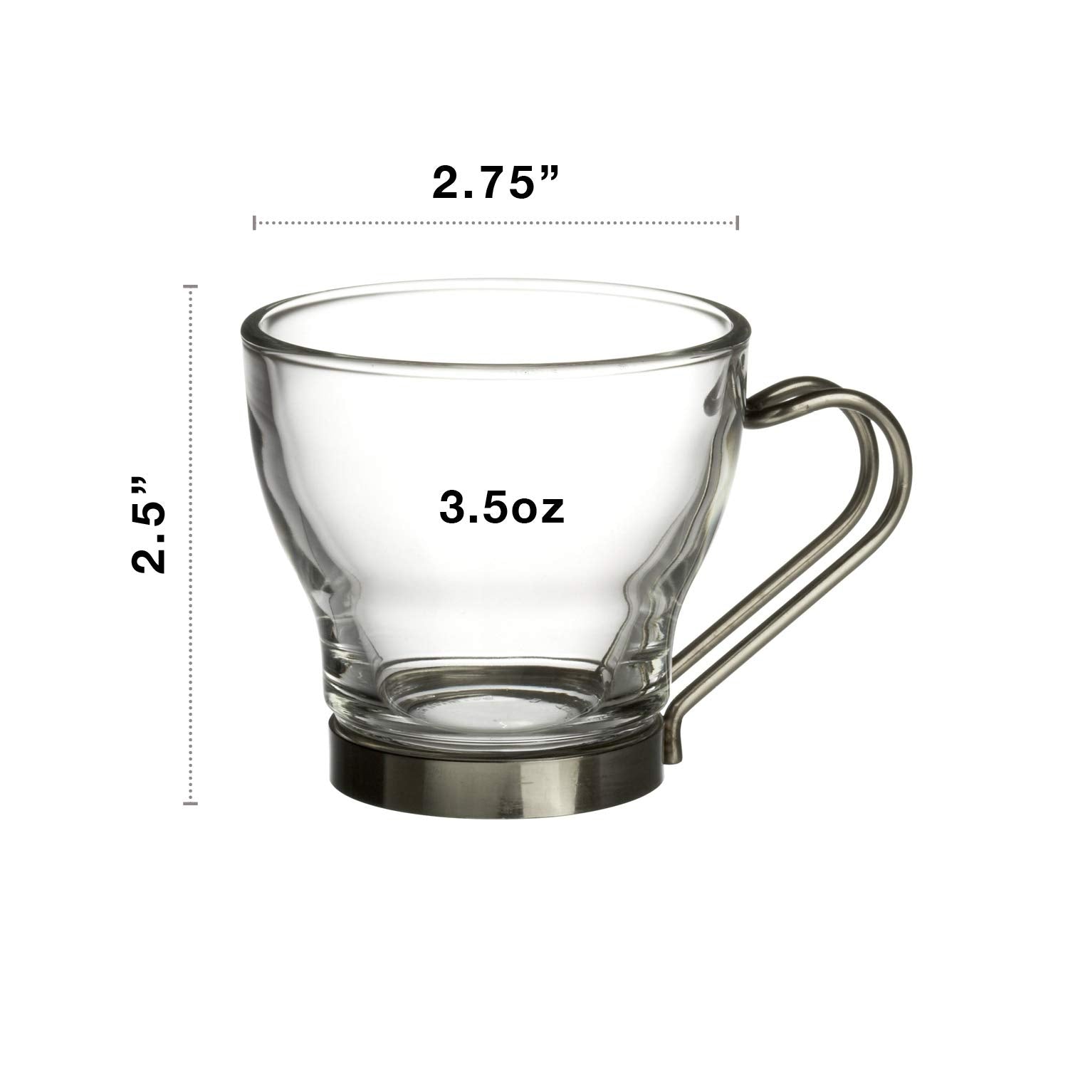 Bormioli Rocco Espresso Cup Set of 4 with Stainless Steel Handle, 3.5 oz, Clear, Gift Boxed - Model 442110GBH021990