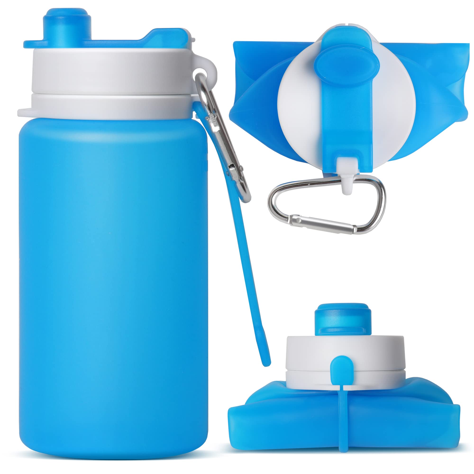 MCOMCE Collapsible Water Bottle  Foldable, Portable Silicone Bottle for Travel & Backpack With Clip (20oz, Blue)