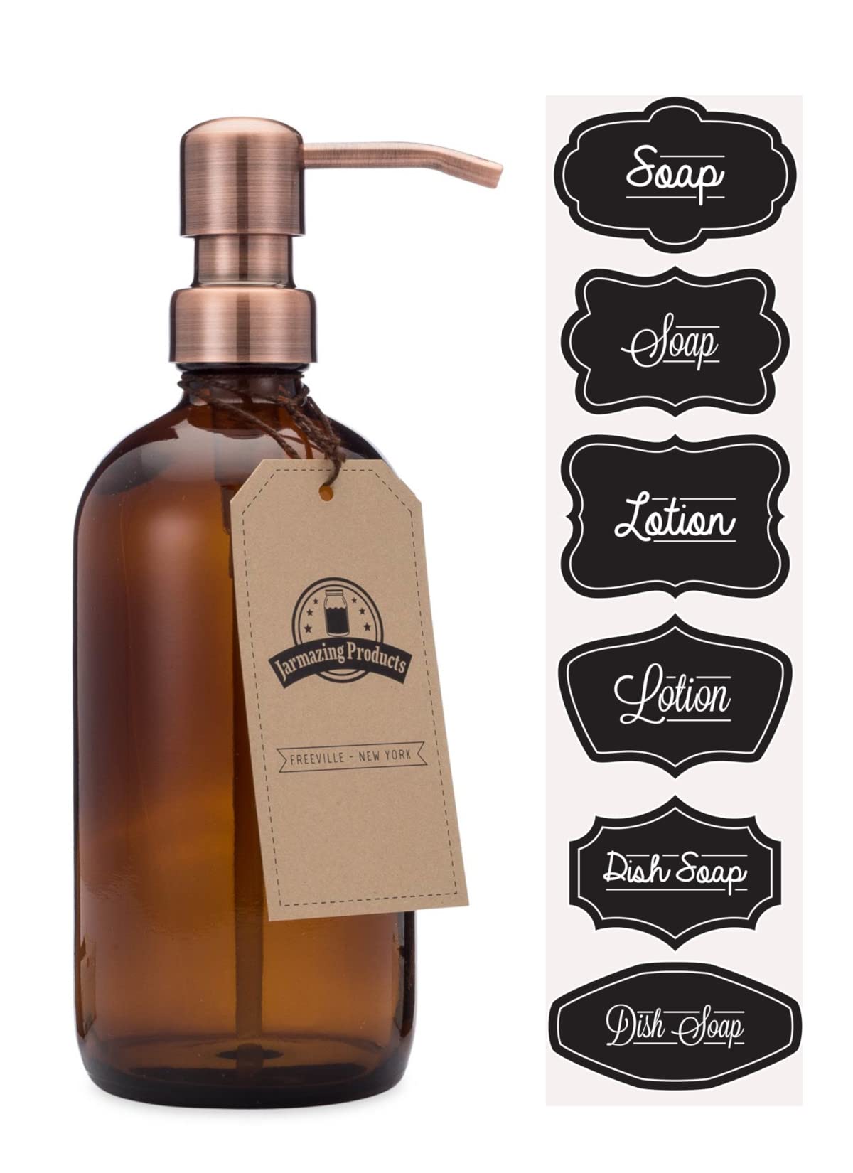 Amber Glass Bottle Soap And Lotion Dispenser With Copper Pump - Bird Head - 16 Oz - By Jarmazing Products