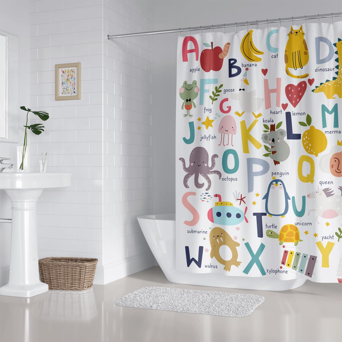 Zxmbf Alphabet Shower Curtain Kids Abc Educational Learning Tool Baby Cartoon Animals Girls Boys Colorful Bathroom Decor Waterpr