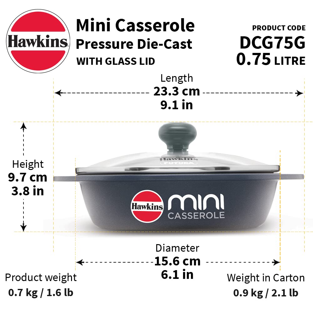 Hawkins 0.75 Litre Mini Casserole with Glass Lid, Oval Shaped Die-Cast pan for Cooking, Reheating, Serving and Storing, Grey (DC