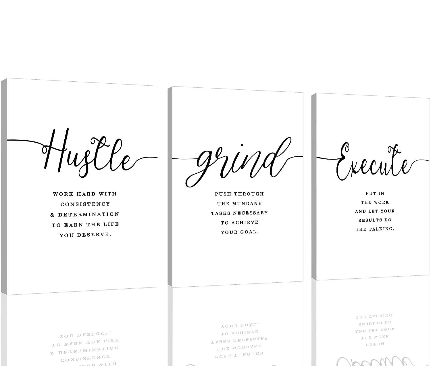 Framed Canvas Wall Art Hustle Quote, Office Wall Art, White Large Poster, Positive Motivational Set Of 3 Prints, Execute Hustle