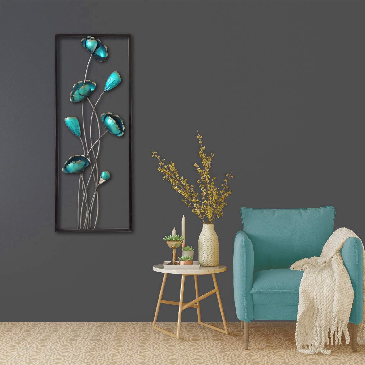 All American Collection New Modern Chic Aluminum/Metal Wall Decor Frame 12x30 (Turquoise Closed Flowers)