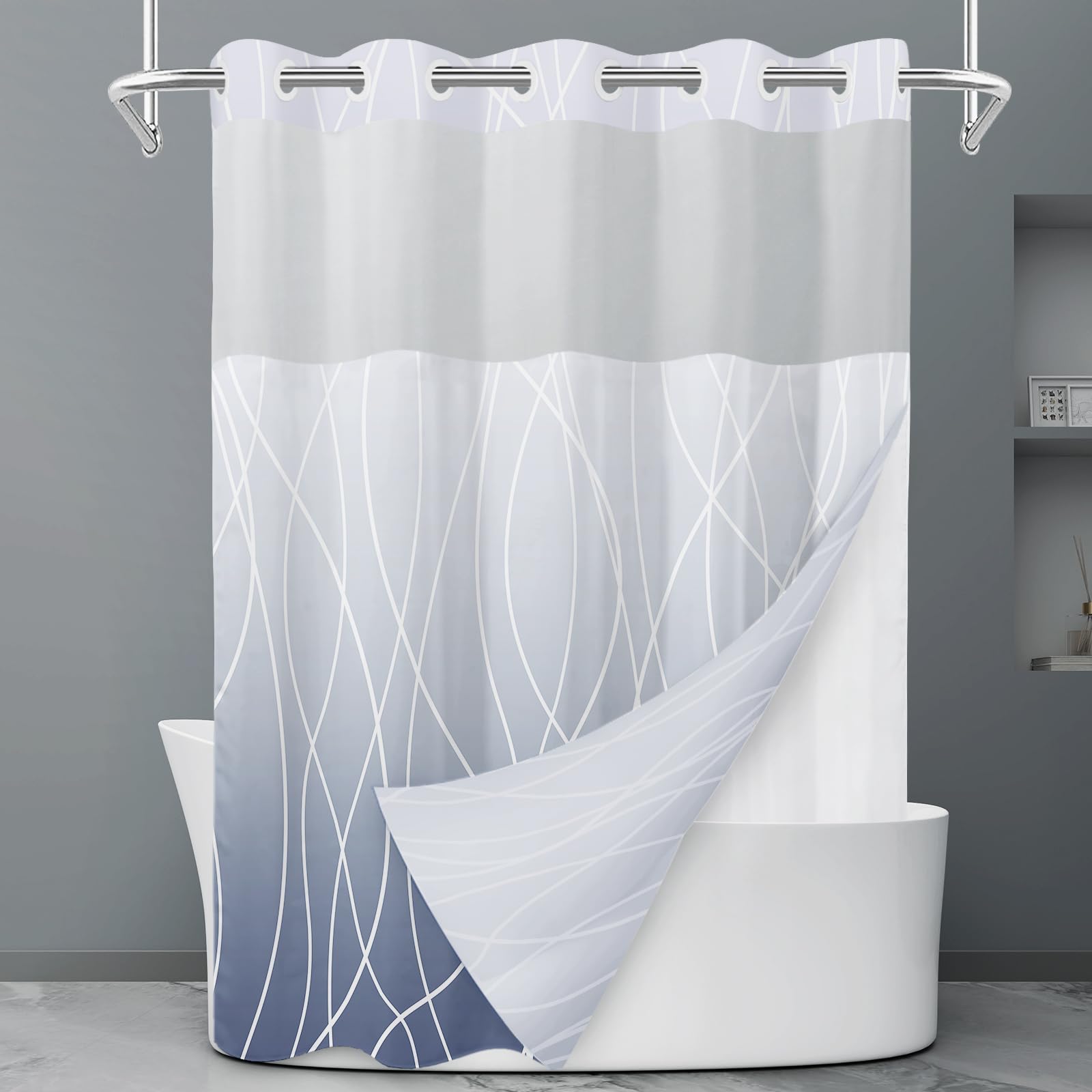 LXBNI No Hook Ombre Blue Striped Shower Curtain with Snap in Fabric Liner Set - Hotel Shower Curtain and Liner Set with See Through Mesh Top Window Machine Washable  71x74 INCH