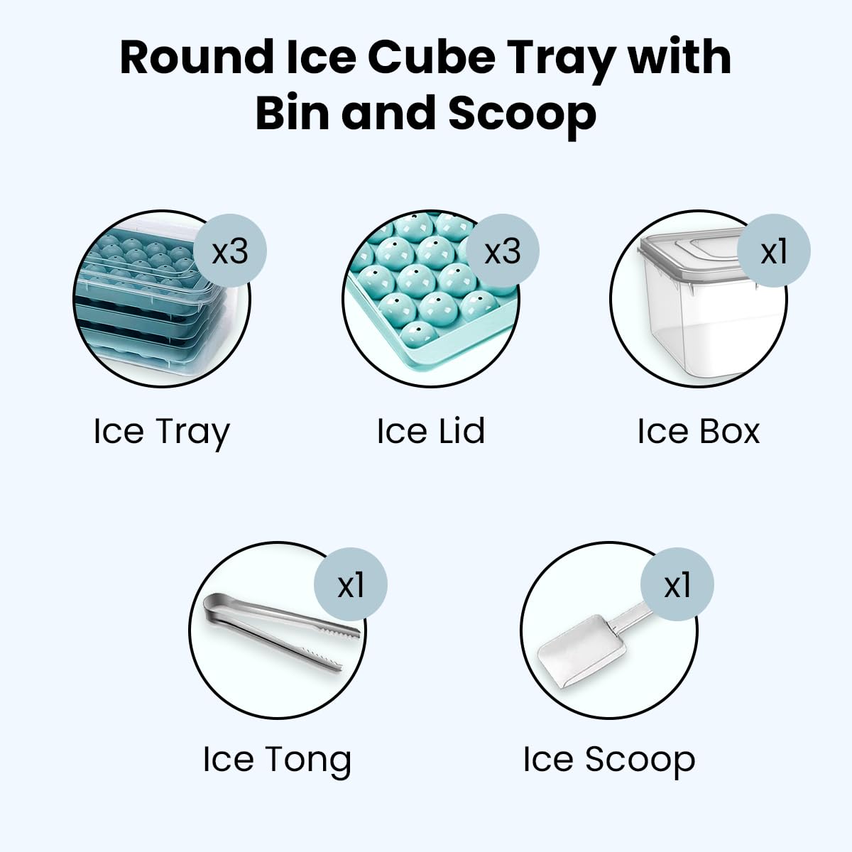 Amerryapple - Silicone Ice Cube Trays For Freezer With Lid, Bin And Scoop | Round Ice Cube Mold | Sphere Ice Ball Maker For Drin