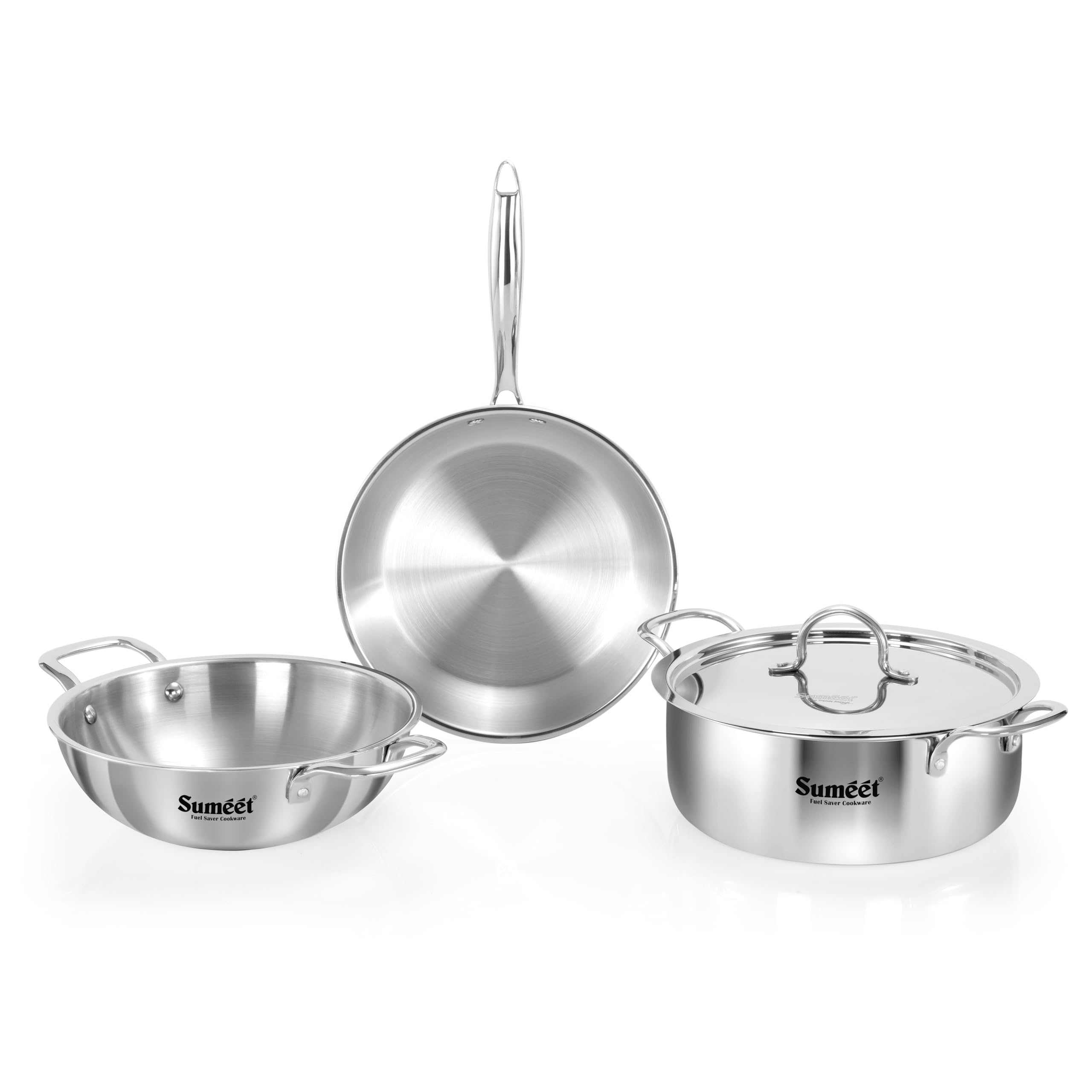 Sumeet Cook Smart Triply Stainless Steel 4Pc Induction Base Cookware Set Of Deep Kadai - 20Cm - 1.7L, Frypan - 20Cm - 1 Ltr, Cas