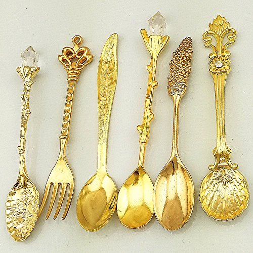 6Pcs/Set Retro Royal Spoons & Fork, 5Pcs Vintage Spoons And 1Pcs Fork, Coffee Espresso Tea Spoon, Zinc Alloy Creative Gold Spoon