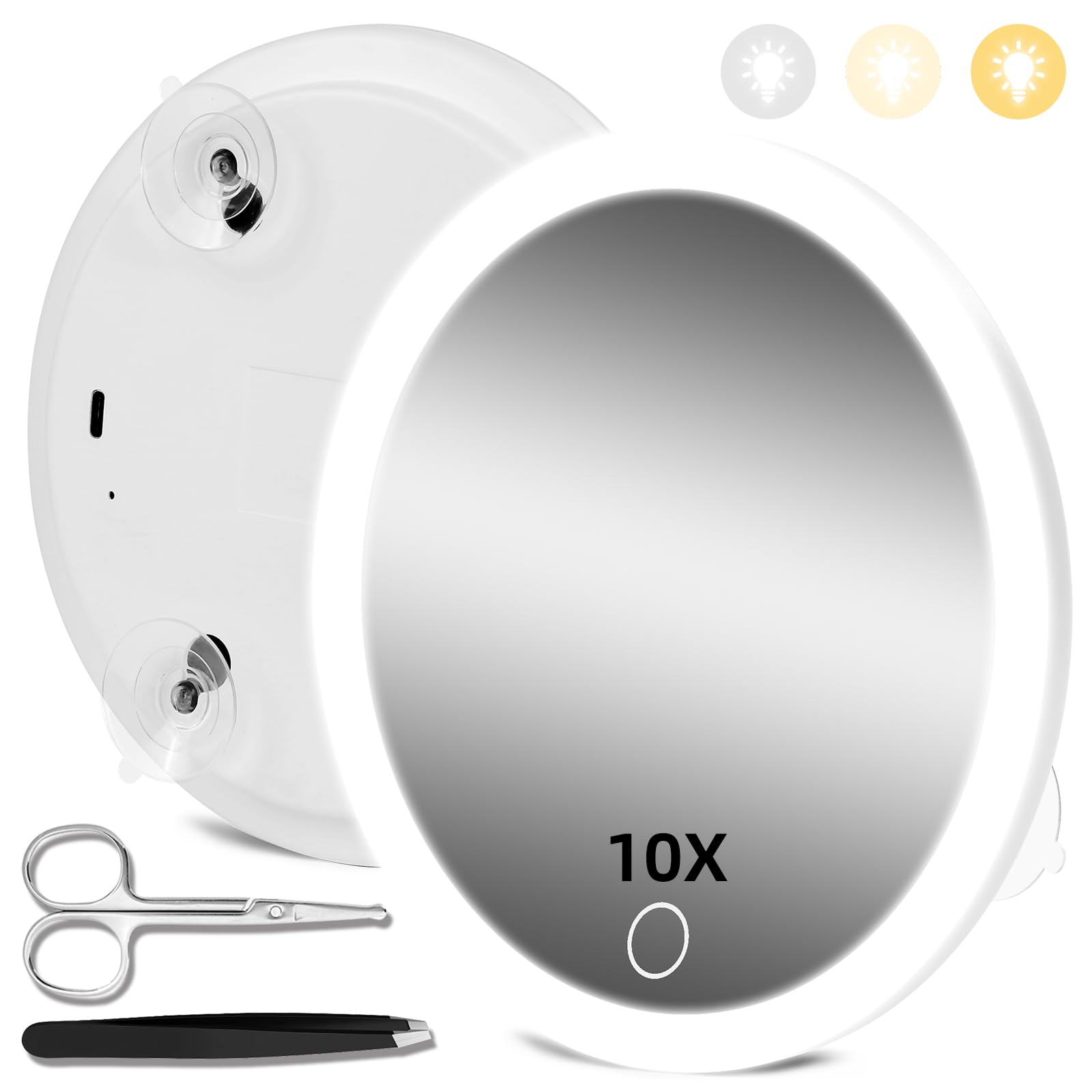 Magnifying Mirror With Light 10X, Makeup Magnifying Mirror With Suction Cups, 6'' Magnifying Mirror With 3 Color Lights Dimming