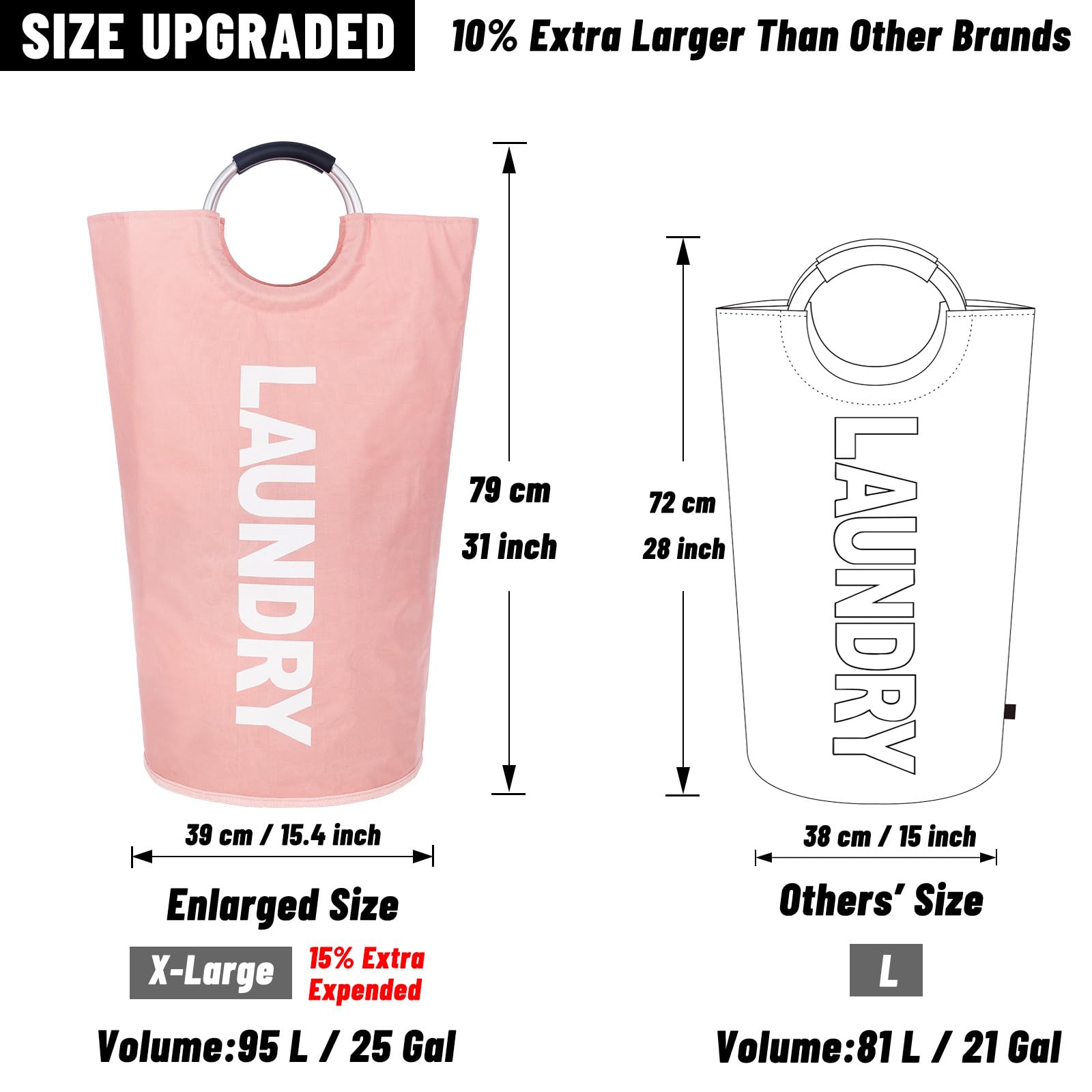 Caroeas 95L Pro Large Laundry Basket (13 Colors)  Waterproof Laundry Hamper  Laundry Bag with Padded Handles  Clothes Hamper Stands Up Well  Collapsible Laundry Basket Easy Storage (Pink)