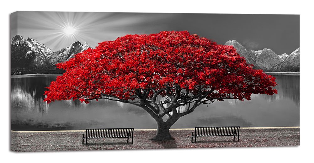 Black And White Red Tree Wall Art Canvas Print Picture Large Red Tree Landscape Modern Artwork For Living Room Bedroom Office Ho
