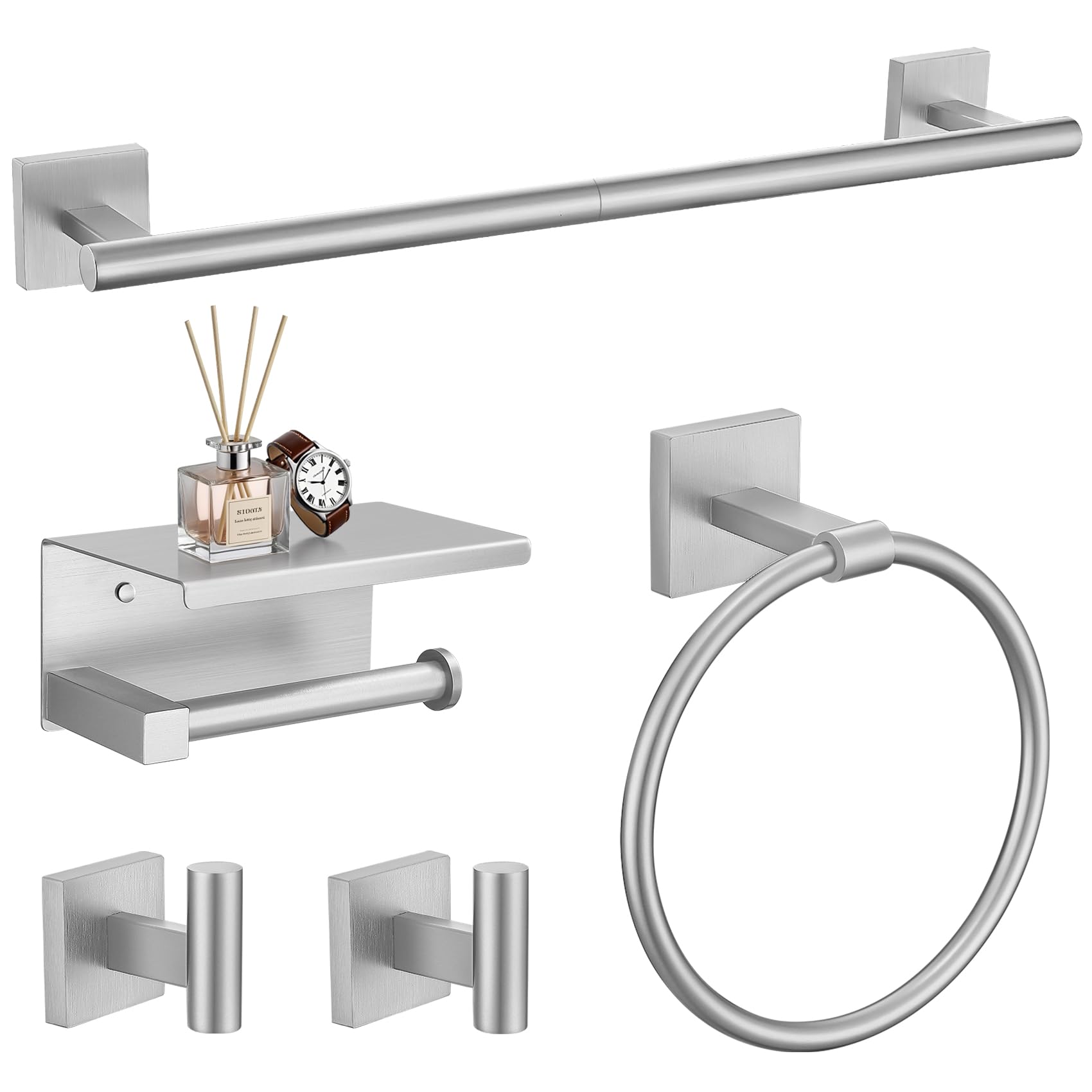 TURS 5-Pieces Brushed Nickel Bathroom Hardware Set 23.6 Inch SUS304 Stainless Steel Towel Bar Set Wall Mounted Square Toilet Pap
