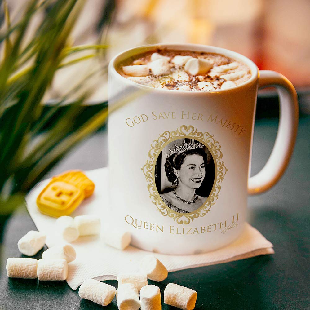 TWISTED ENVY Ceramic Novelty Mug for Coffee and Tea - God Bless Queen Elizabeth II Prints Cup - Funny Gifts for Home and Office,