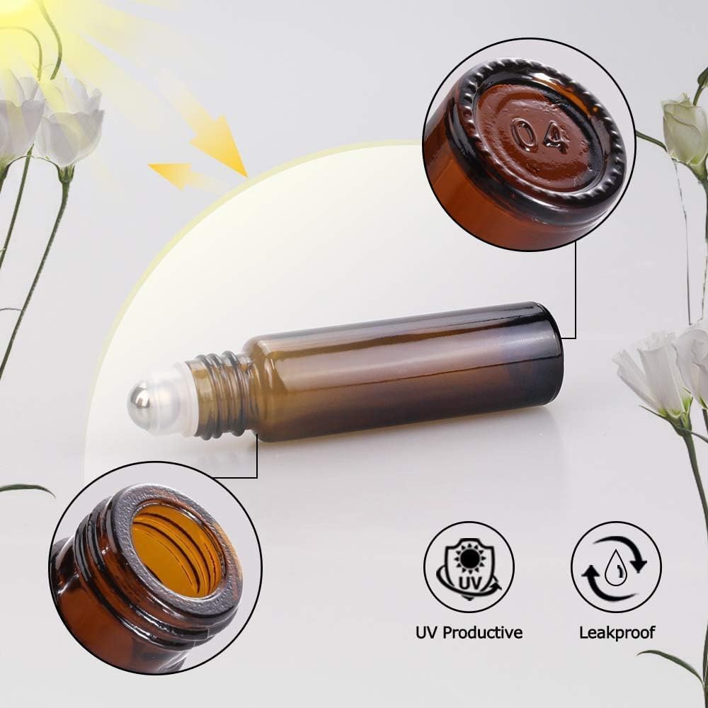 sungwoo 12 Pack Essential Oil Roller Bottles Stainless Steel  10ml Amber Glass Roller Bottles with Caps for Travel  Perfume and Lip Gloss