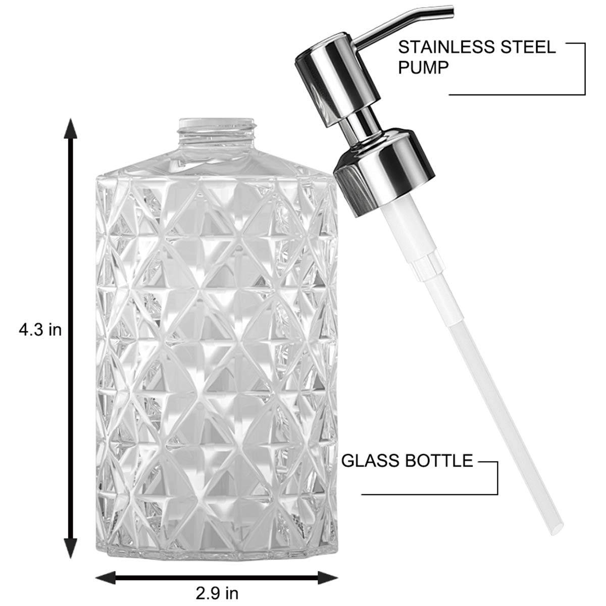 GLADPURE Soap Dispenser - 2 Pack  12 Oz Clear Diamond Design Glass Refillable Hand Soap Dispensers; with 304 Rust Proof Stainless Steel Pump  Lotion Dispensers for Kitchen  Bathroom