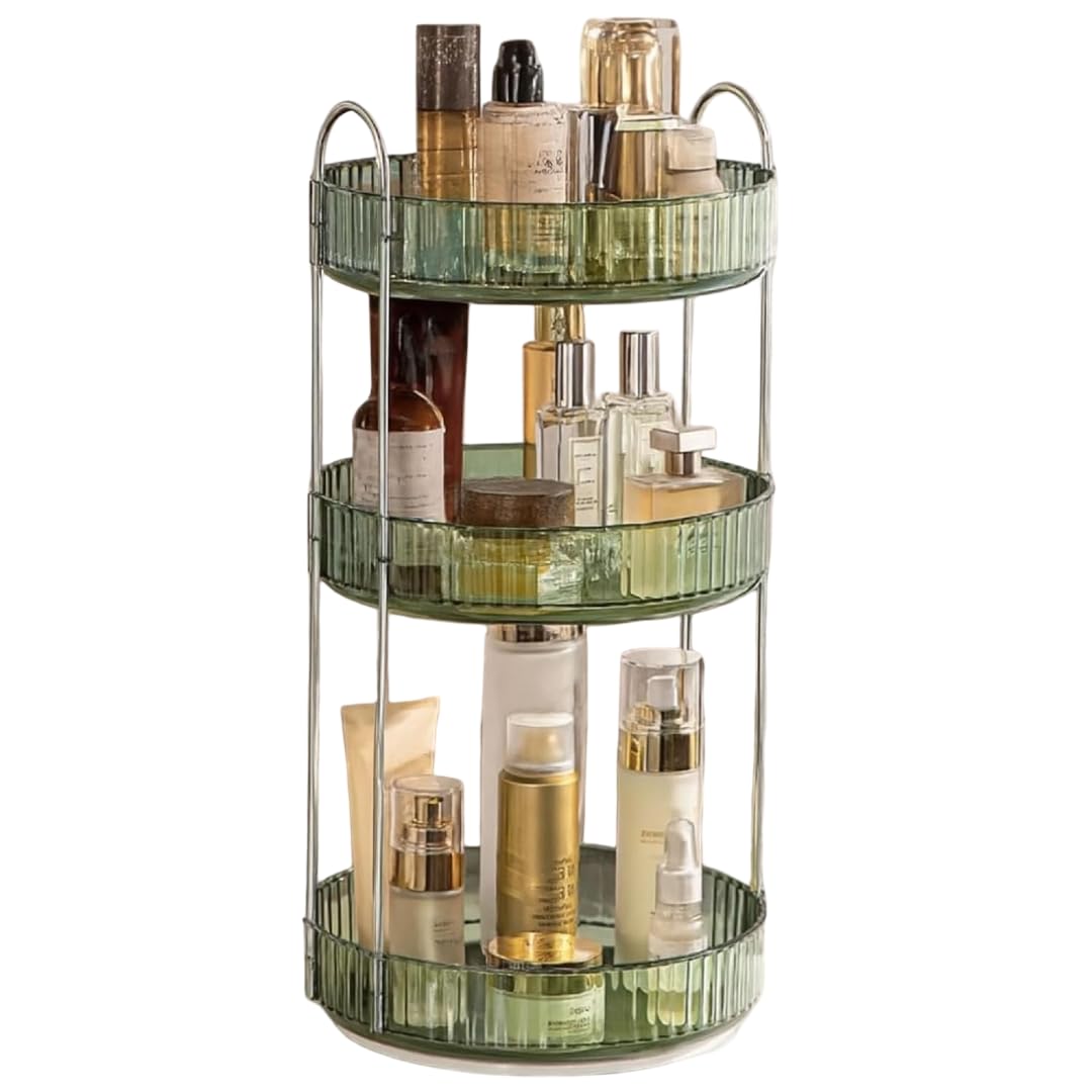 Round Cosmetic Organizer Tray With Metal Handles (Green, 3 Layer) | MultiPurpose Vanity Storage Tray For Makeup, Skincare, Perf