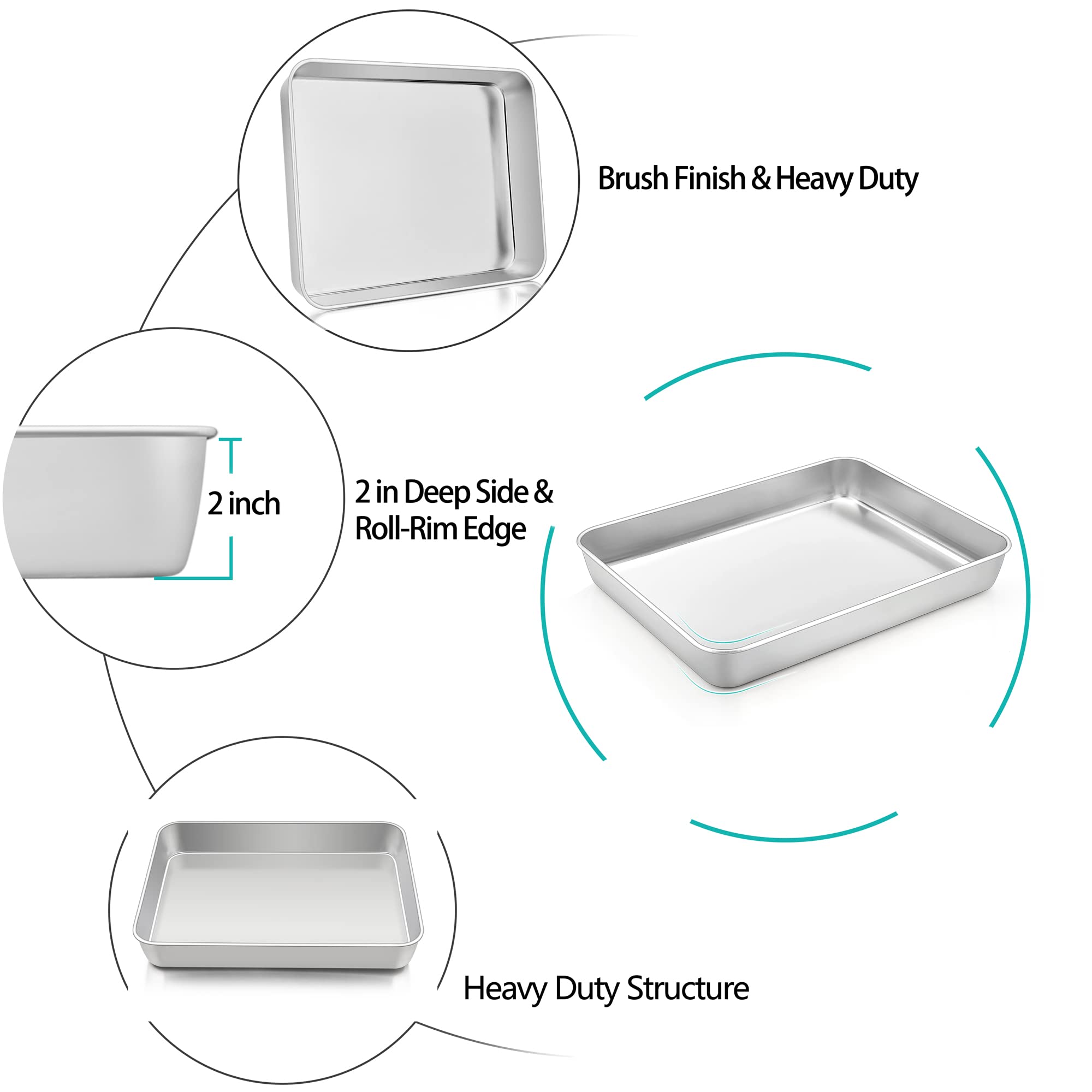 TeamFar Stainless Steel Cake Pan Set - 10.5'' x 8'' x 2'', Non-Toxic, Heavy Duty, Silver, Easy Clean, Dishwasher Safe - 4 PCS
