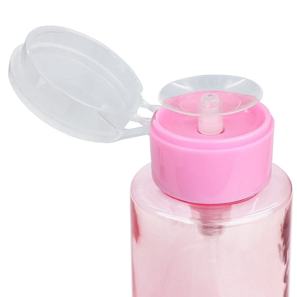 10Oz Pink With Word Imprint Push Down Pump Dispenser Empty Refillerable Bottle With Flip Top Cap - For Nail Polish, Travel, Cosm