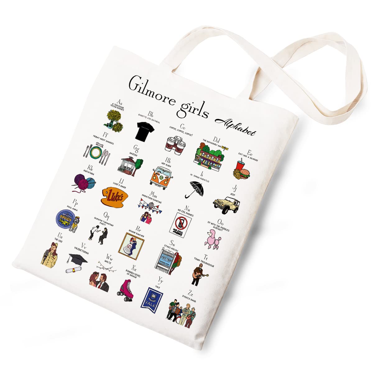 Gilmore Girls Alphabet Canvas Tote Bag Funny Cotton Reusable Tote Shoulder Bag Present for Friends Fans Women Men Beige 8