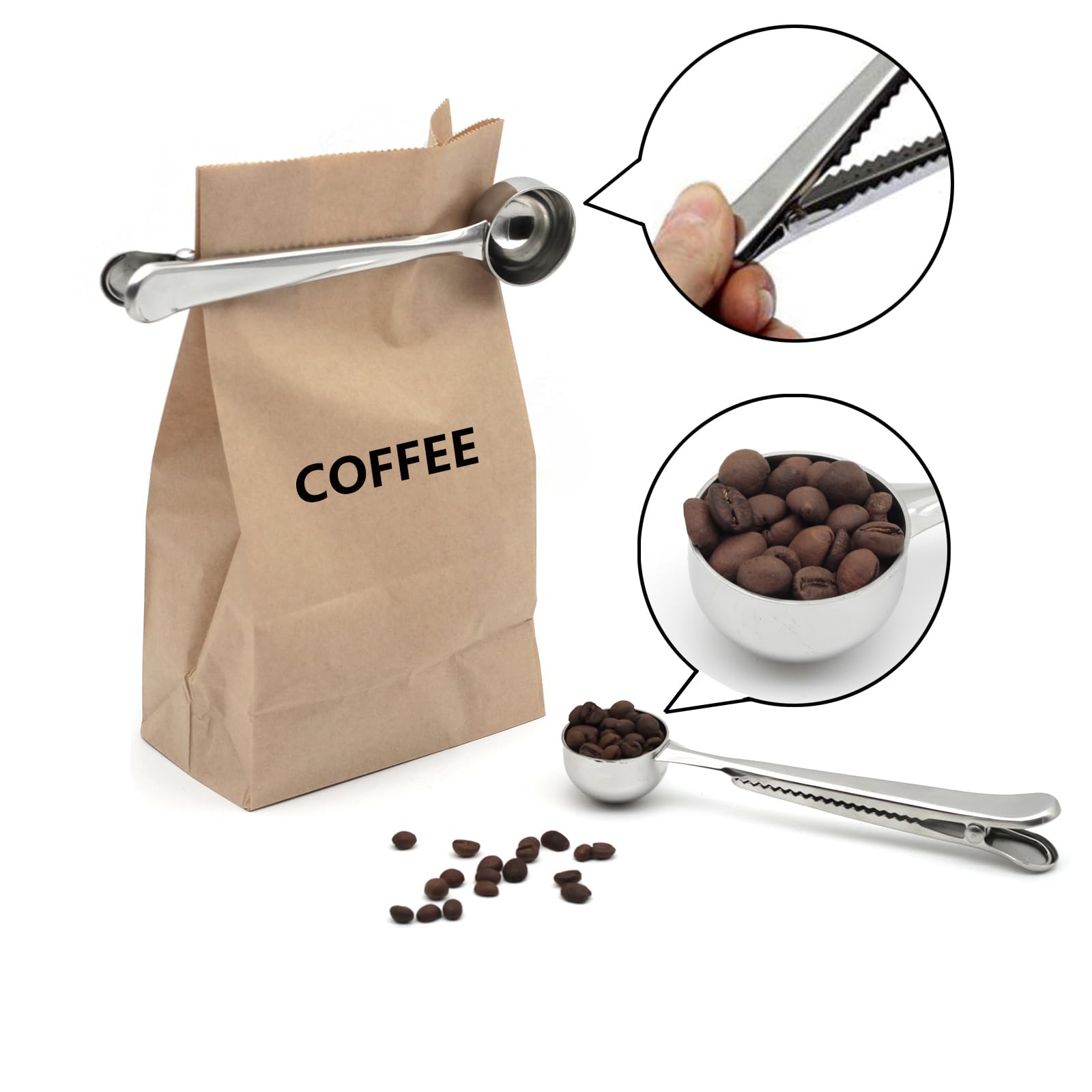 Leadup 18/8 Stainless Steel Measuring Scoop With Coffee Bag Clip For Ground Coffee,Espresso,Coffee Beans,2-In-1 Stainless Steel